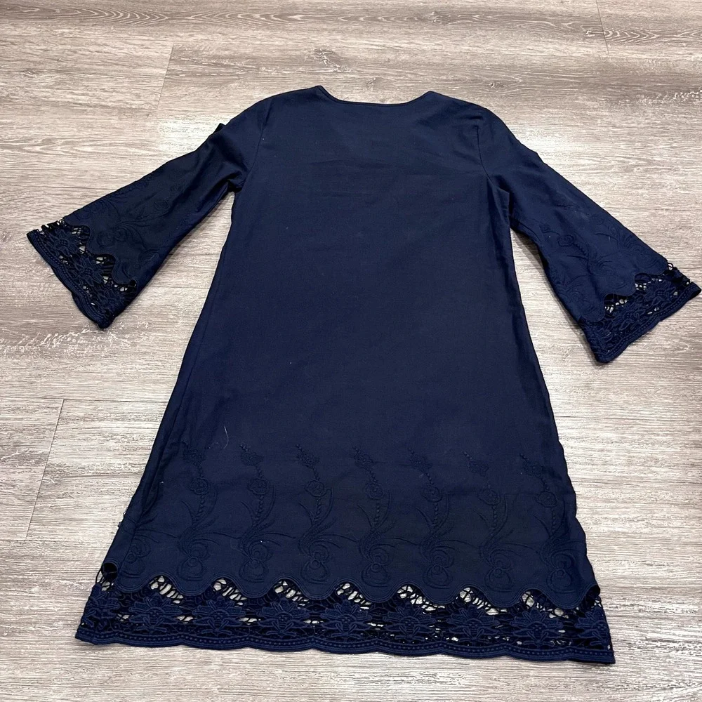 Zara Basic Shift Tunic Dress Womens XS Blue‎ Lace 3/4 Sleeve Knee Minimal Casual